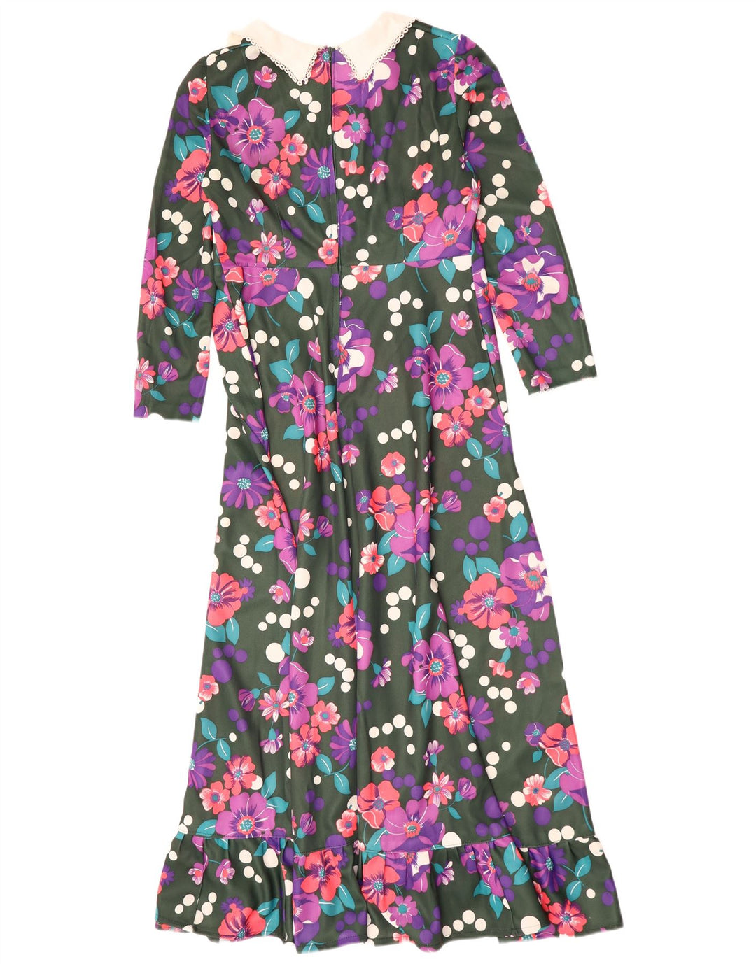 Abito maxi a maniche lunghe da donna VINTAGE UK 14 Grande floreale multicolore