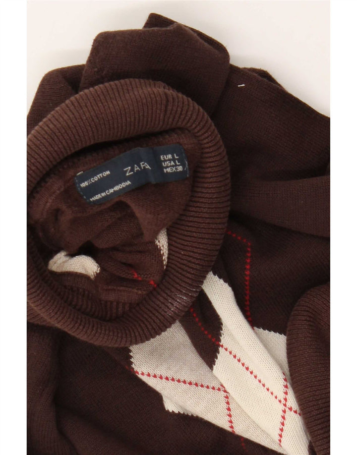 Maglione maglione a collo alto da donna Zara UK 14 grande marrone a rombi/diamante