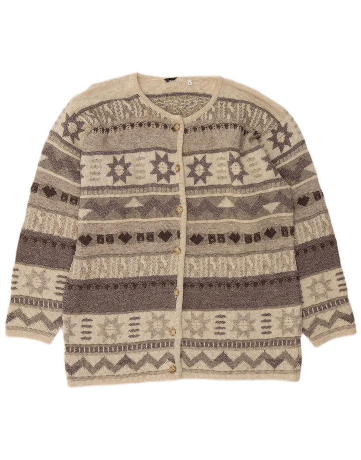 Maglione cardigan da donna vintage UK 16 Large Beige Fair Isle