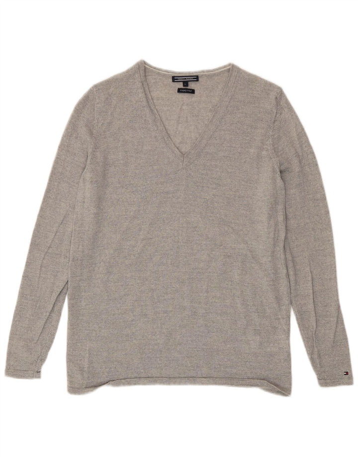 Maglione maglione con scollo a V da donna Tommy Hilfiger UK 14 grande lana grigia