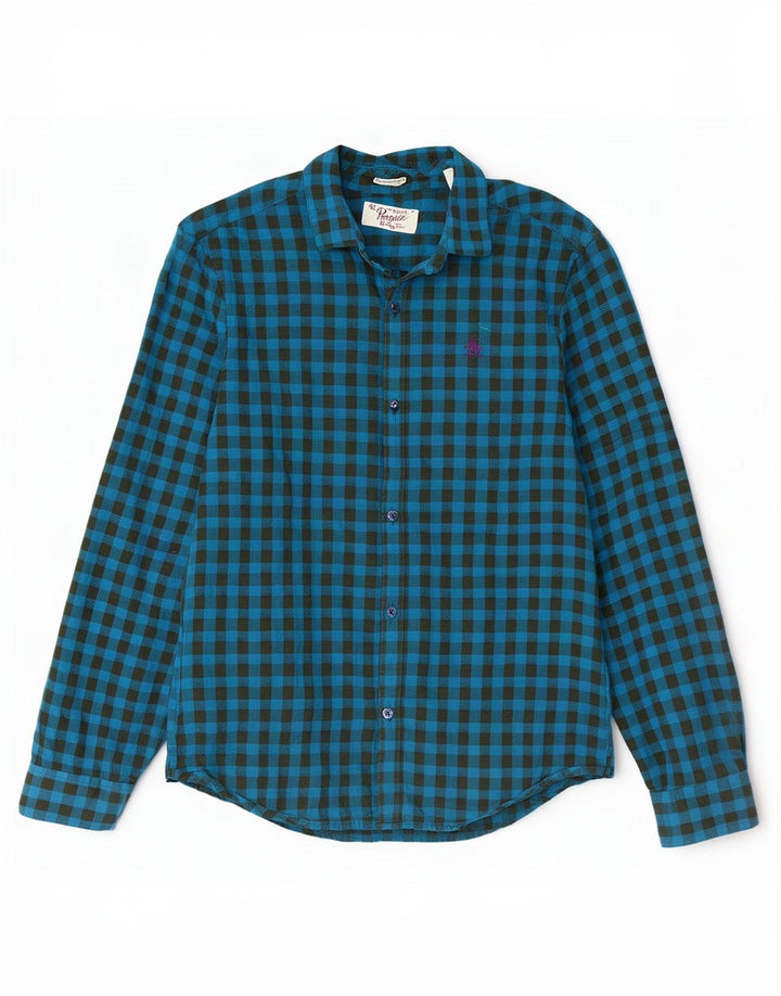 Camicia da uomo in flanella slim fit Penguin Heritage, cotone a quadretti blu medio
