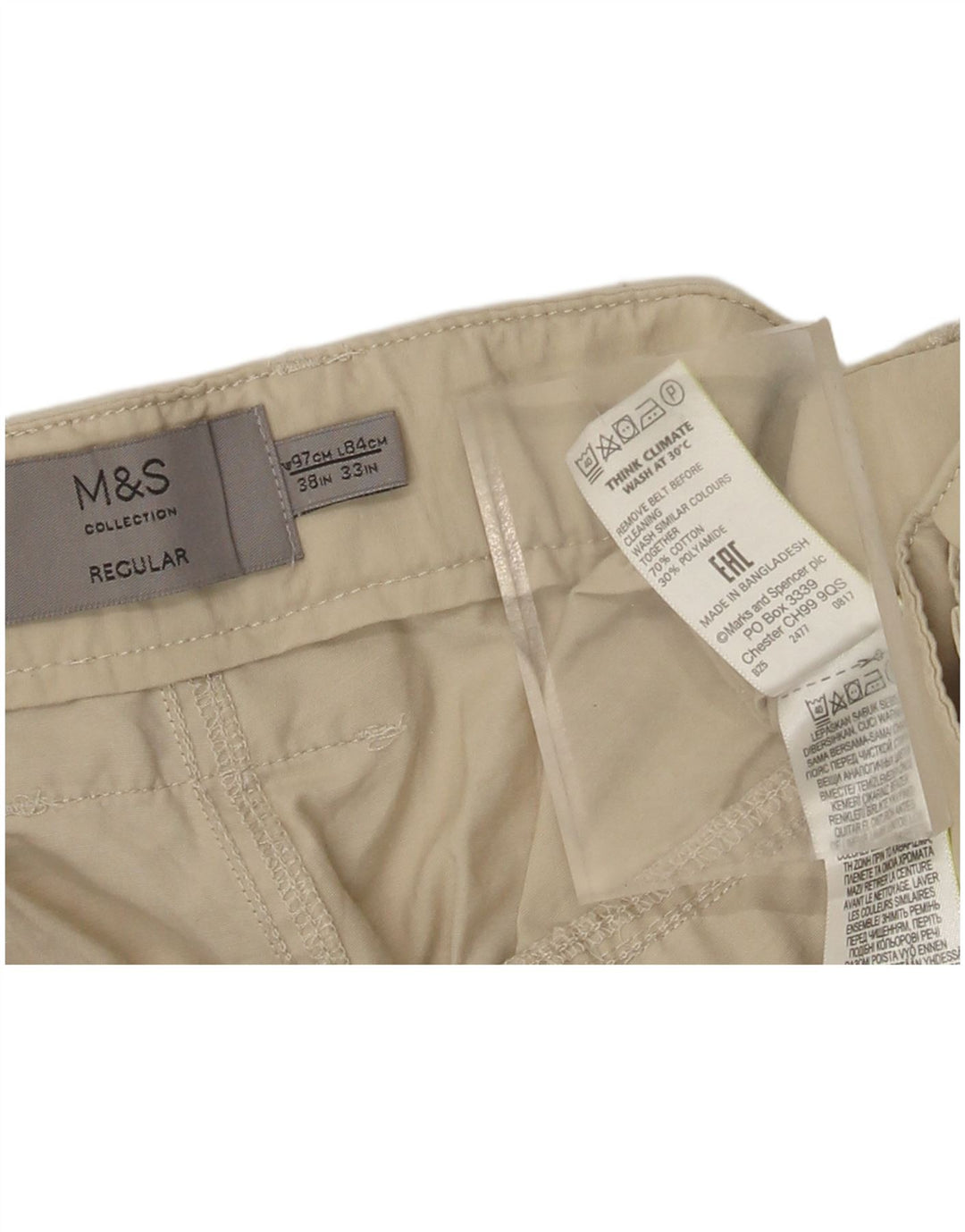 Pantaloni cargo regolari da uomo Marks & Spencer W38 L33 in cotone beige