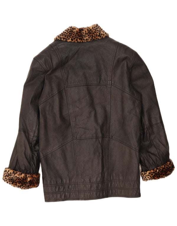 Cappotto in pelle oversize da donna VINTAGE UK 10 piccola stampa animalier nera