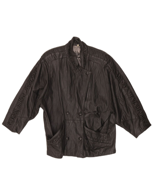 Giacca vintage da donna in pelle doppio petto con maniche a 3/4 UK 16 grande Nera