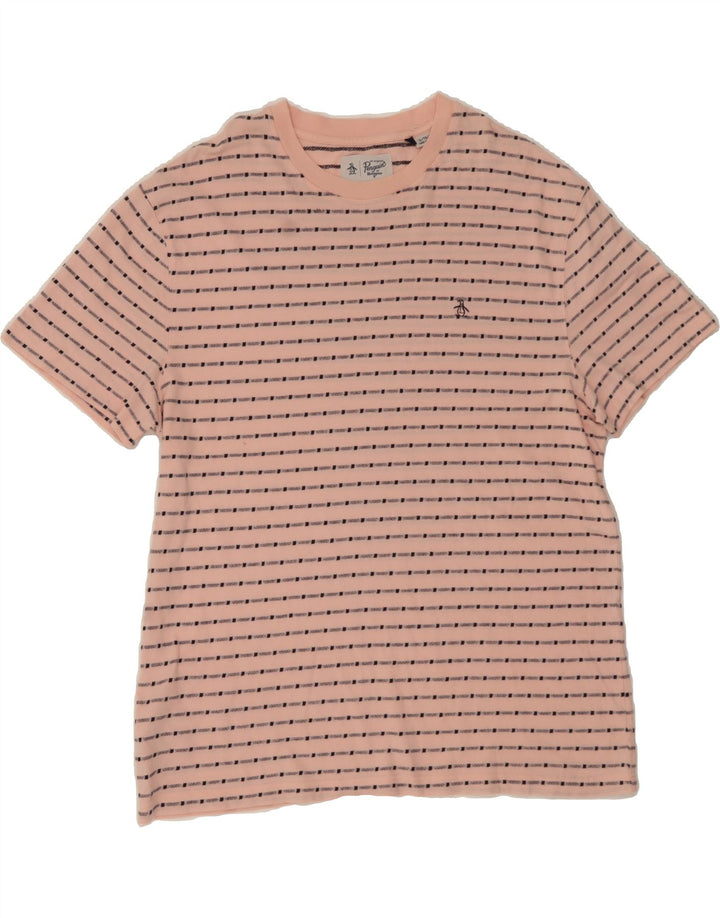 PENGUIN Mens T-Shirt Top XL Pink Striped Cotton Vintage Penguin and Second-Hand Penguin from Messina Hembry 