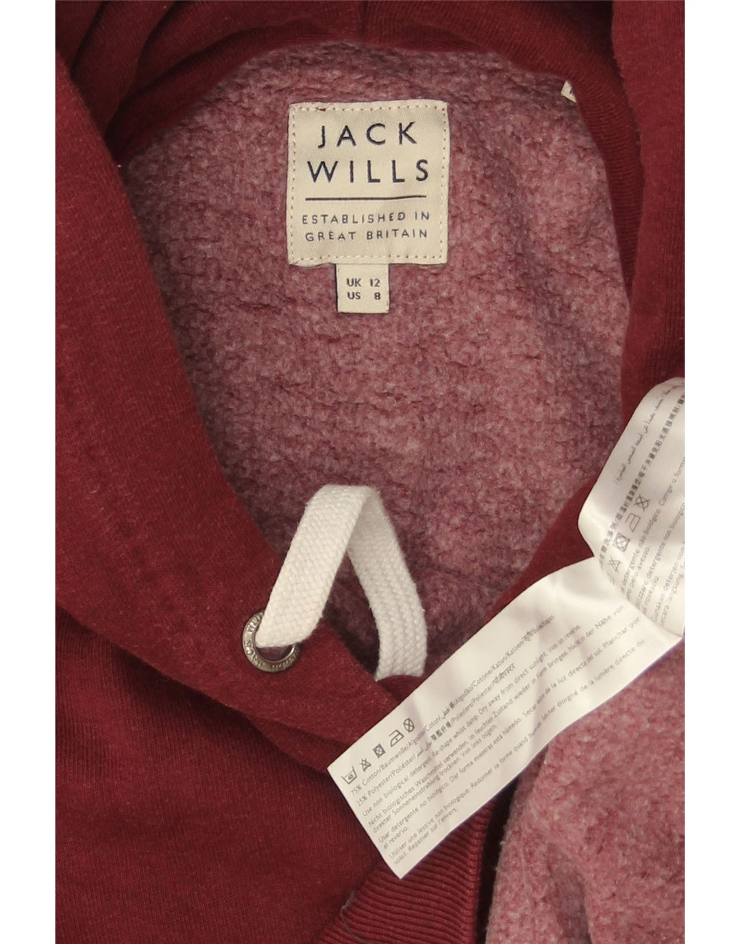 JACK WILLS Felpa con cappuccio grafica da donna UK 12 Cotone bordeaux medio