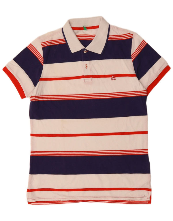 BENETTON Mens Polo Shirt Large White Striped Cotton