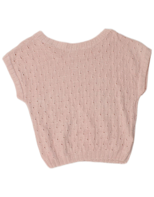 Maglione da donna vintage corto con scollo a barca a maniche corte UK 12 Rosa medio