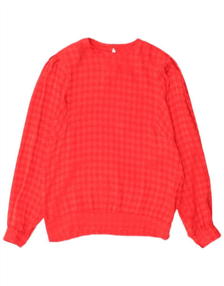 Top camicetta a maniche lunghe da donna vintage UK 12 rosso medio a rombi/diamante