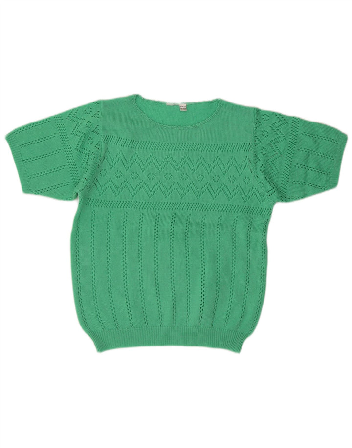 Maglione vintage da donna a maniche corte girocollo EU 38 verde medio