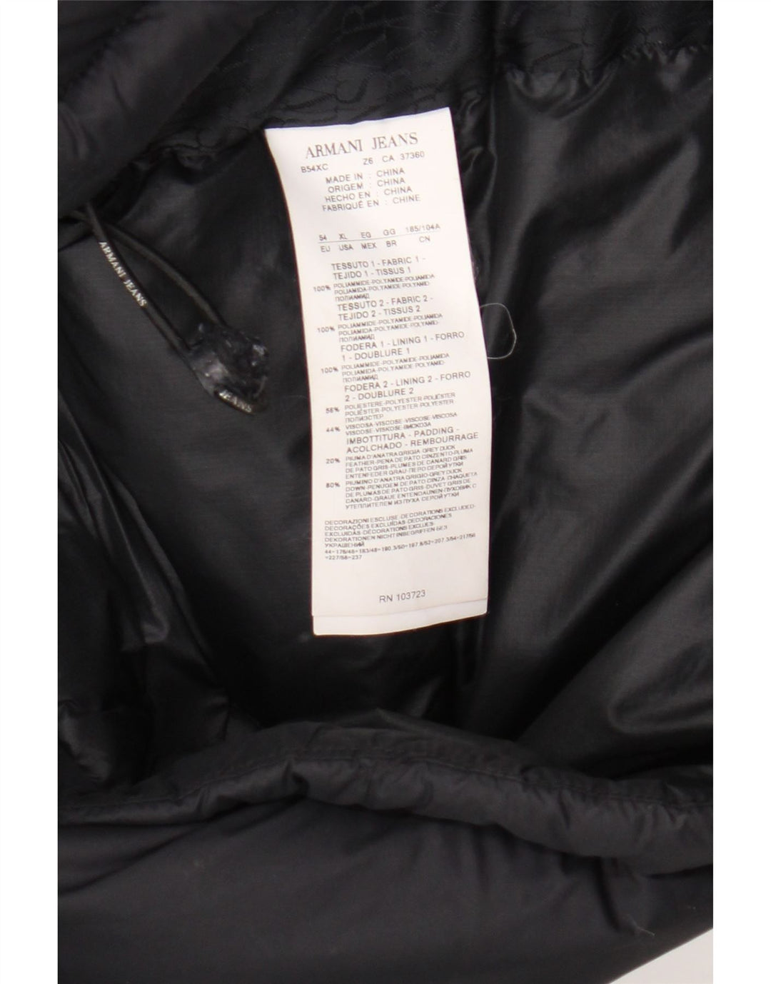 Giacca imbottita con cappuccio da uomo Armani Jeans EU 54 XL nera in poliammide