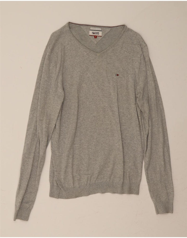 TOMMY HILFIGER Mens V-Neck Jumper Sweater Small Grey Cotton Vintage Tommy Hilfiger and Second-Hand Tommy Hilfiger from Messina Hembry 