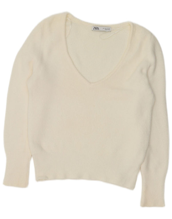 Maglione maglione con scollo a V da donna Zara UK 16 grande bianco