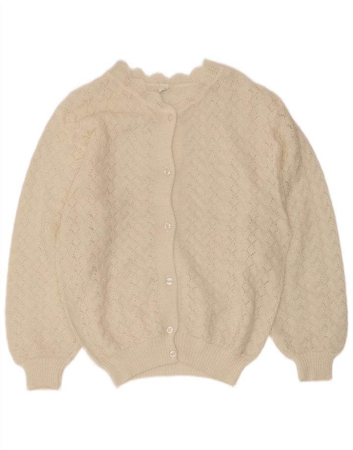 Maglione cardigan da donna vintage UK 16 grande poliacrilico bianco sporco