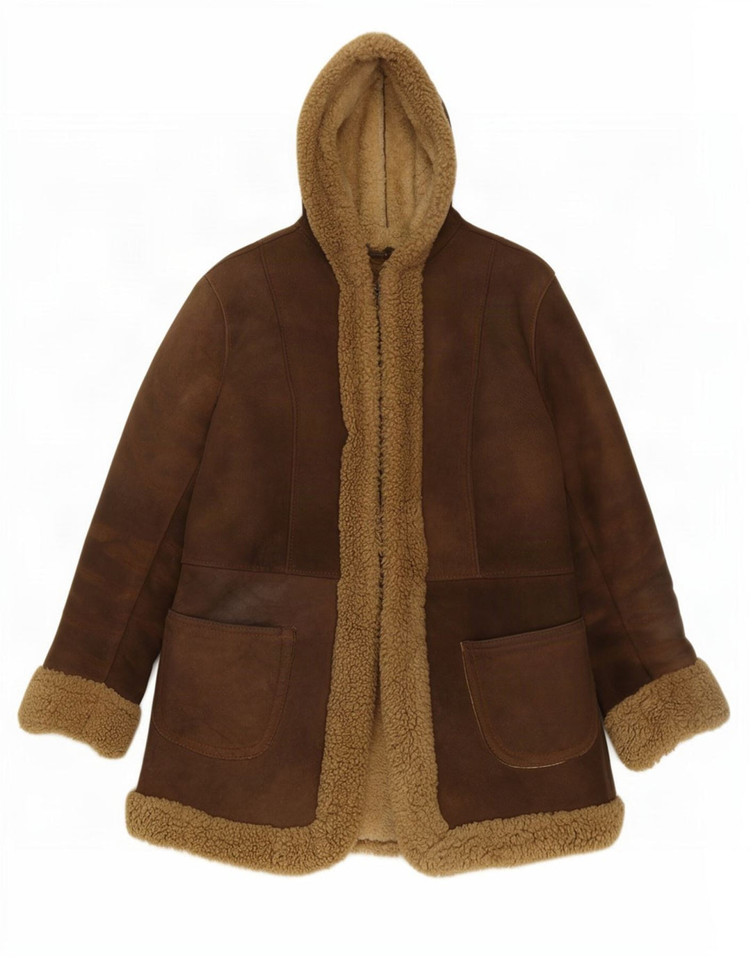 Giubbotto in shearling con cappuccio da donna vintage UK 10 piccolo in pelle marrone