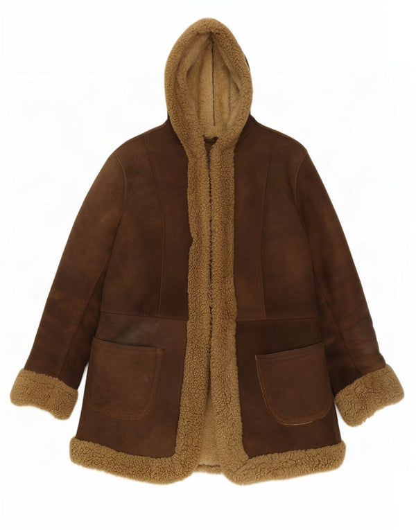 Giubbotto in shearling con cappuccio da donna vintage UK 10 piccolo in pelle marrone