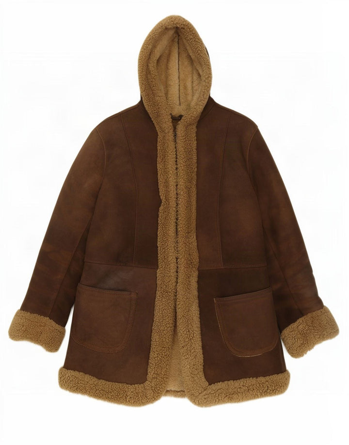 Giubbotto in shearling con cappuccio da donna vintage UK 10 piccolo in pelle marrone