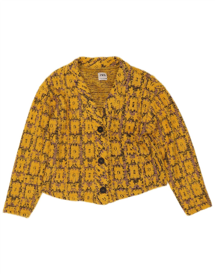 Maglione cardigan corto oversize da donna ZARA UK 10 piccolo giallo geometrico