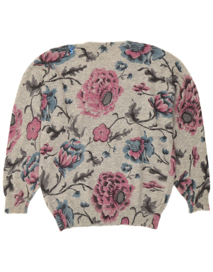 Maglione maglione girocollo da donna Premode UK 14 Lana floreale grigia grande