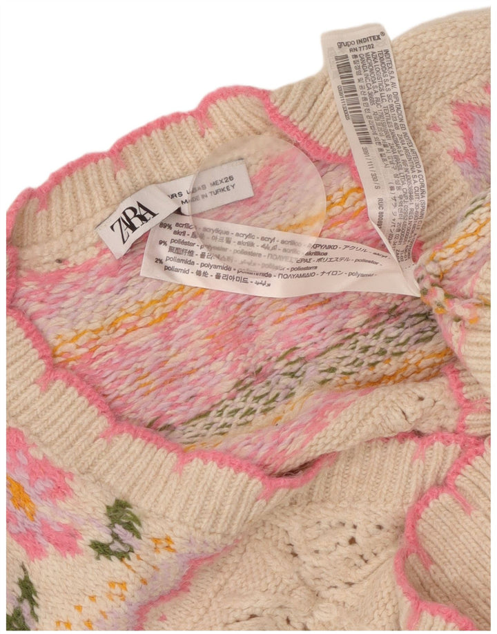 ZARA Maglione Cardigan Corto da Donna a Vestibilità Larga UK 10 Piccolo Rosa Floreale