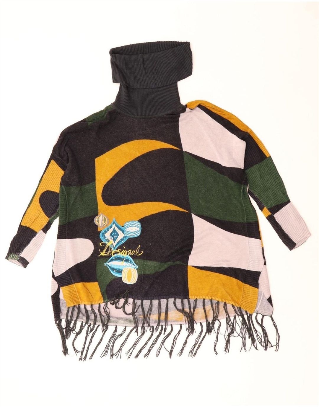 Desigual Donna Maglione a collo alto con collo alto UK 10 Piccolo verde geometrico