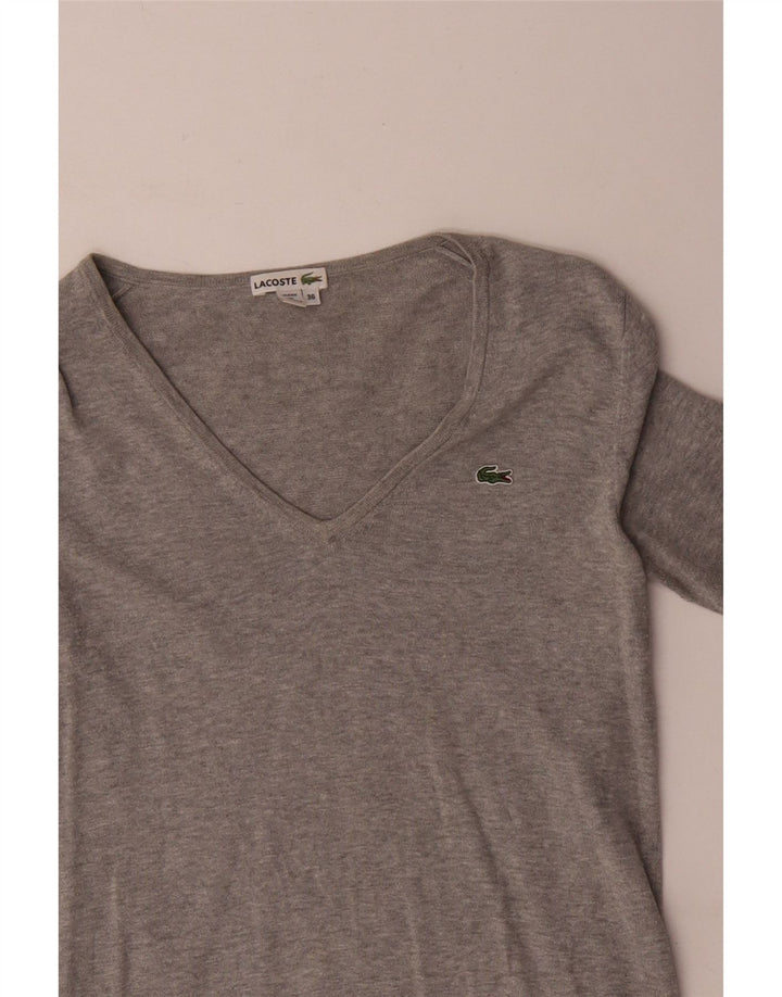 Maglione da donna con scollo a V Lacoste taglia 36 piccolo cotone chiazzato grigio