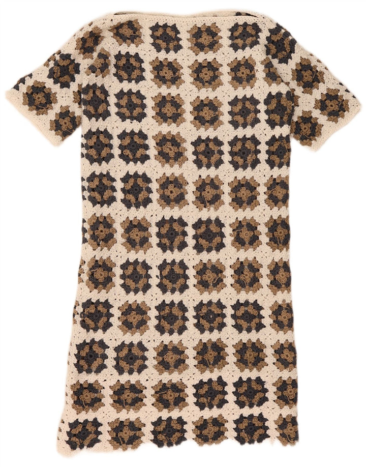 Abito a trapezio vintage da donna all'uncinetto UK 12 Beige medio floreale