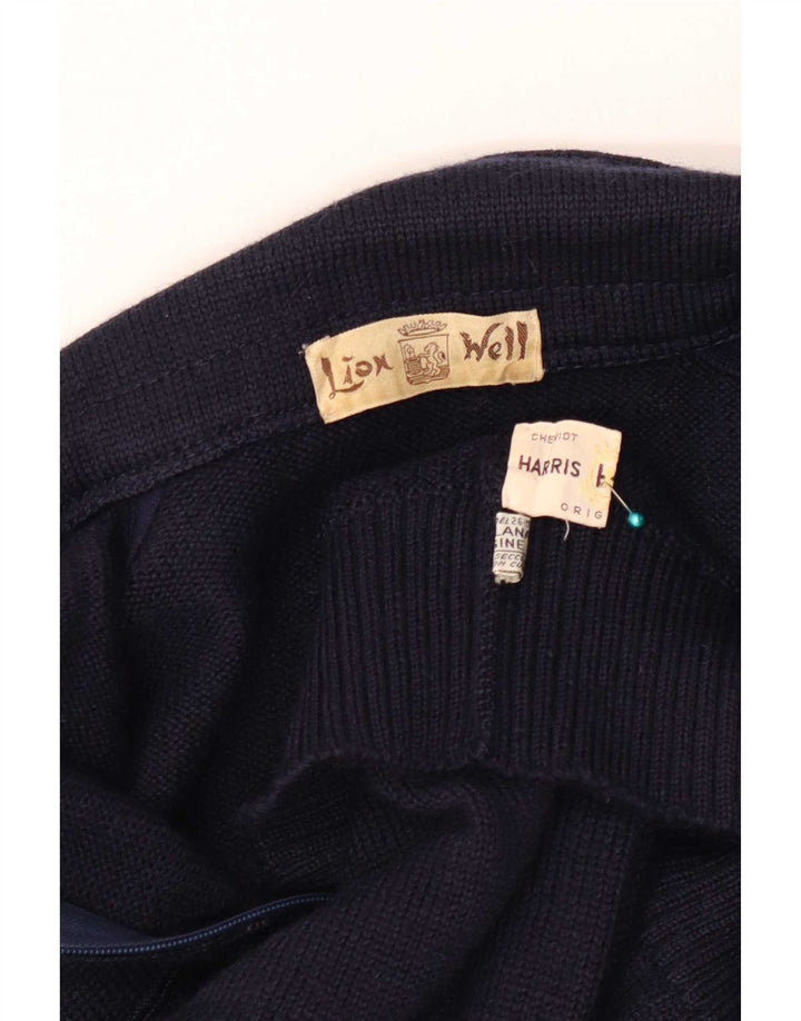 Maglione cardigan con zip intera da uomo vintage grande lana blu navy