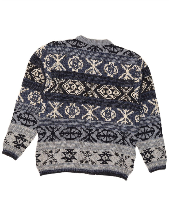Maglione maglione girocollo da uomo vintage IT 48 lana Fair Isle blu medio