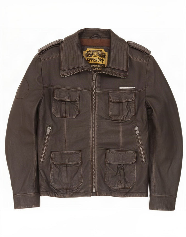 Giacca in pelle militare da uomo Superdry UK 40 grande marrone