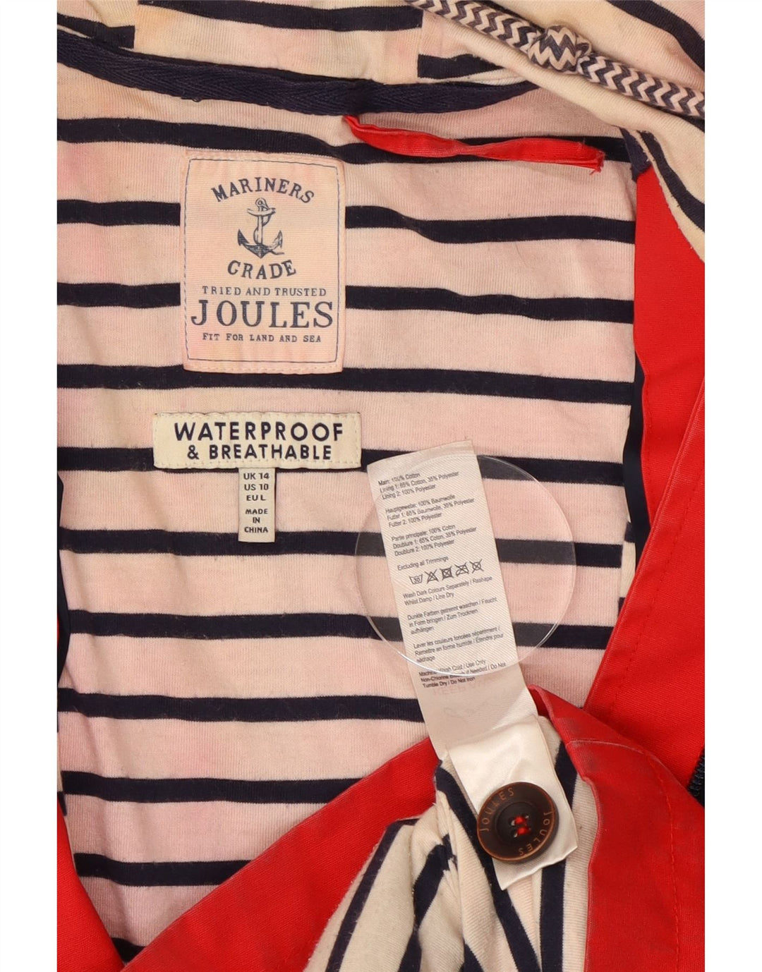 Giacca antipioggia con cappuccio da donna Joules UK 14 grande cotone rosso