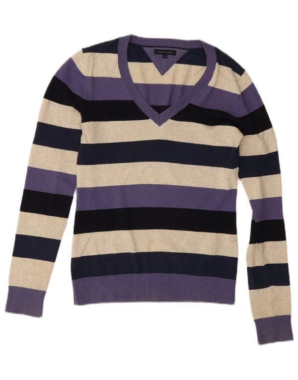 Maglione maglione con scollo a V da donna Tommy Hilfiger UK 6 XS a righe multicolore