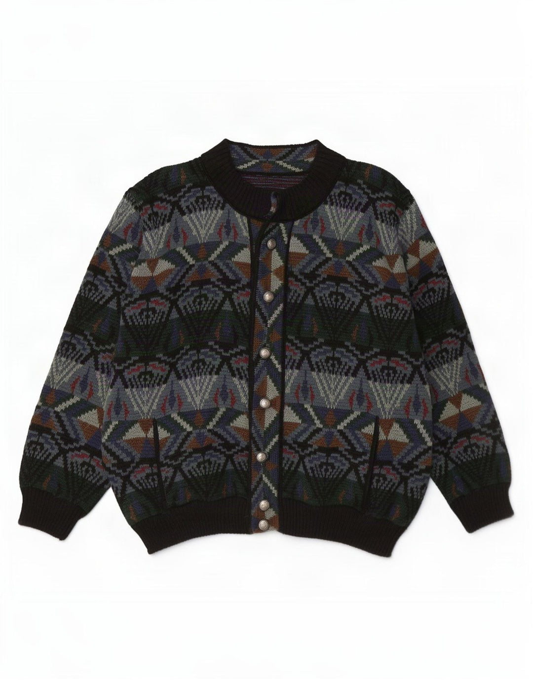 Maglione cardigan da uomo vintage grande acrilico geometrico verde