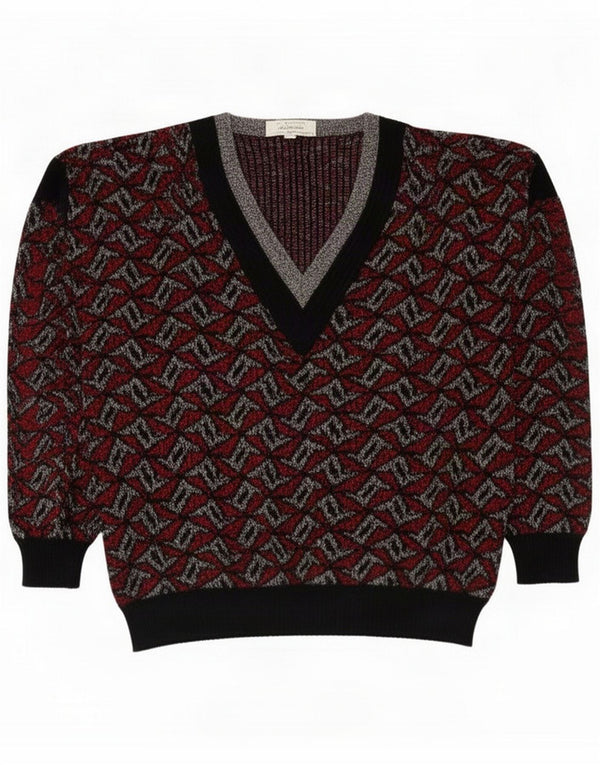 Maglione vintage da uomo con scollo a V XL Acrilico geometrico bordeaux