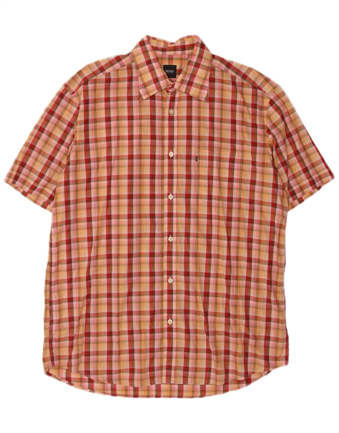 Hugo Boss Camicia a maniche corte da uomo in cotone a quadri arancioni grandi