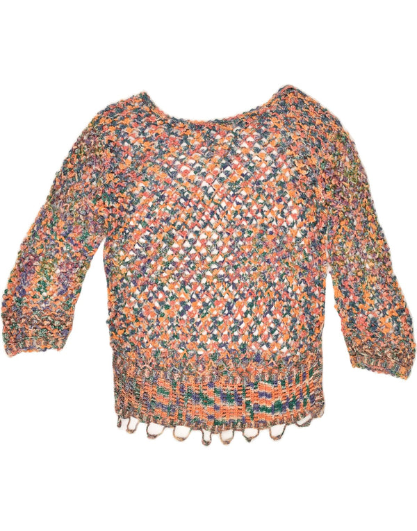 Maglione da donna VINTAGE all'uncinetto con scollo a barca UK 8 piccolo multicolore
