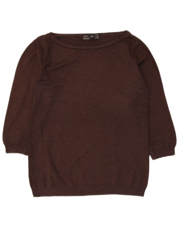 Maglione Zara da donna con scollo a barca con maniche a 3/4 UK 14 grande acrilico marrone
