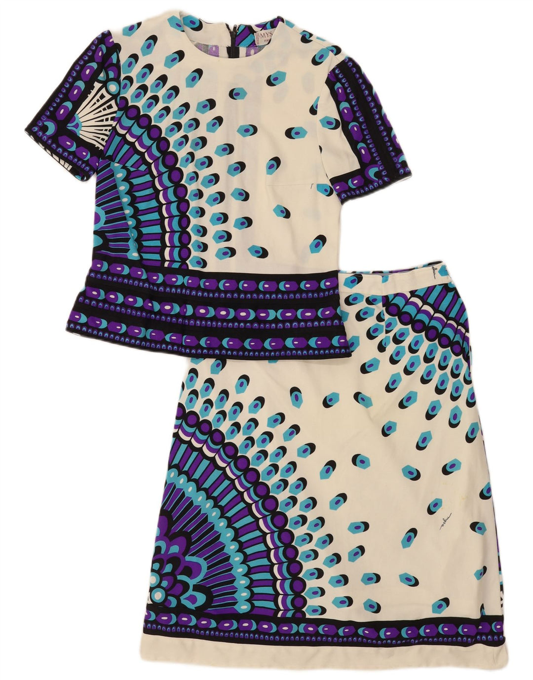 Set gonna vintage da donna in 2 pezzi IT 46 Large W28 Poliammide geometrica bianca