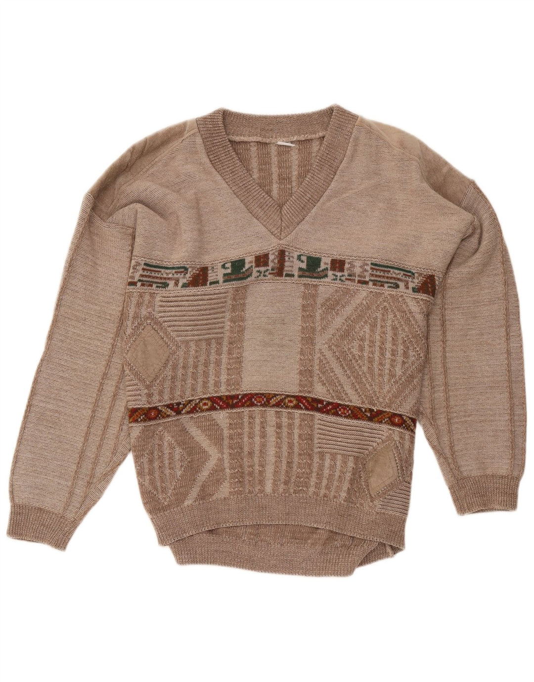 VINTAGE Maglione da uomo con scollo a V marrone medio geometrico