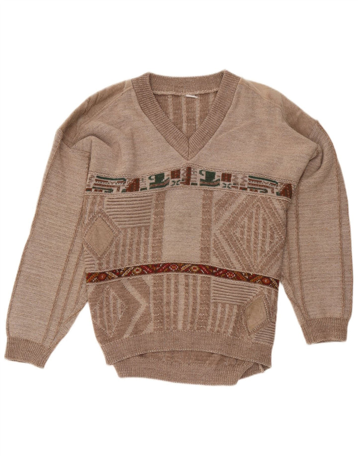 VINTAGE Maglione da uomo con scollo a V marrone medio geometrico