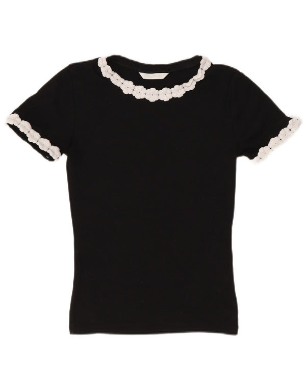 T-shirt corta da donna Zara UK 8 piccola in cotone floreale nero