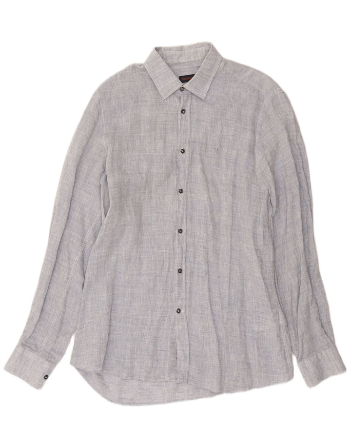 Camicia Trussardi Uomo Taglia 39 Lino Puntinato Blu Medio