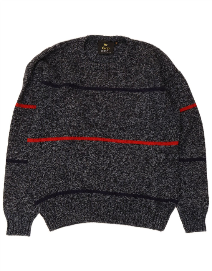 Maglione vintage da uomo girocollo IT 50 in lana a righe grigio medio