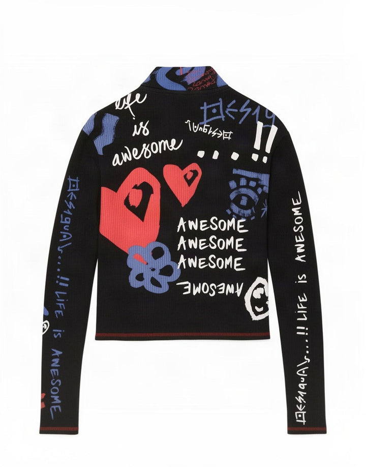 Desigual Donna Abstract Pattern Graphic Top Manica Lunga UK 14 Large Nero