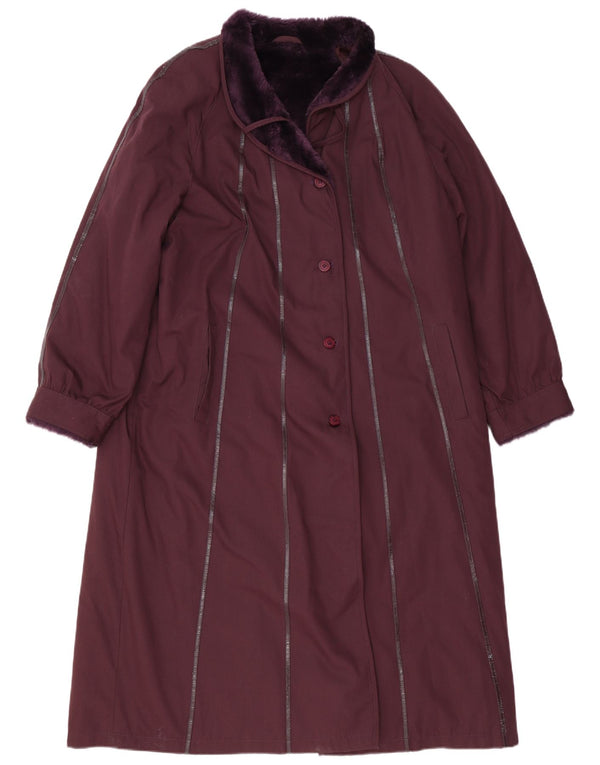 Cappotto da donna vintage UK 16 grande poliestere a righe bordeaux