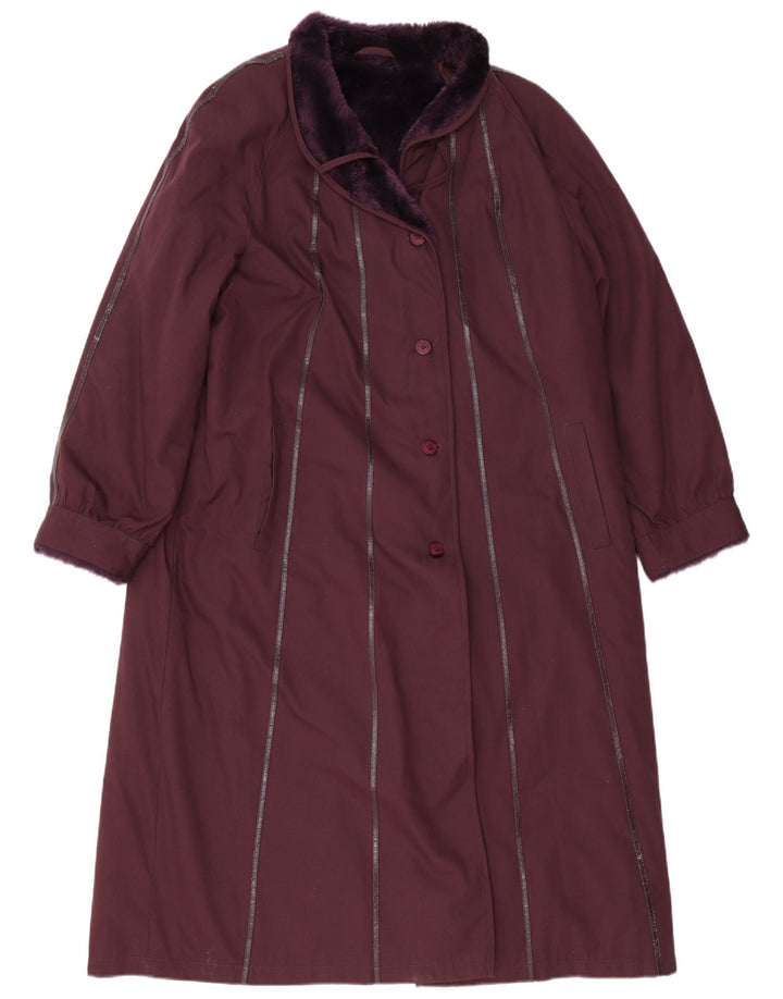 Cappotto da donna vintage UK 16 grande poliestere a righe bordeaux