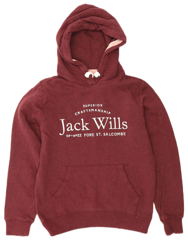 JACK WILLS Maglione con cappuccio grafico da donna UK 8 piccolo in cotone bordeaux