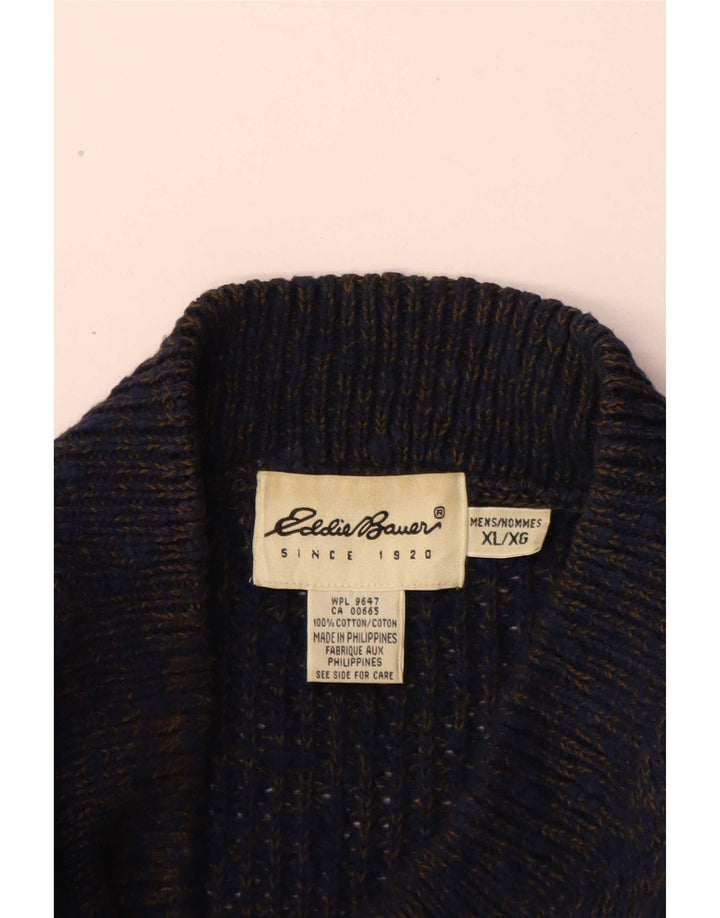 Maglione da uomo Eddie Bauer con collo a bottoni XL in cotone screziato blu navy
