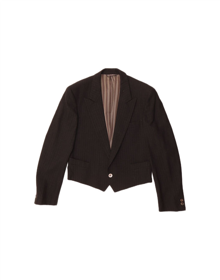 VINTAGE Womens Crop 1 Button Blazer Jacket UK 14 Medium Black Pinstripe