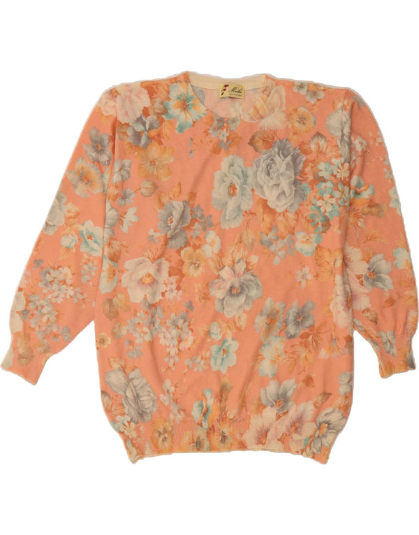 Maglione maglione girocollo da donna VINTAGE UK 18 XL lana floreale rosa